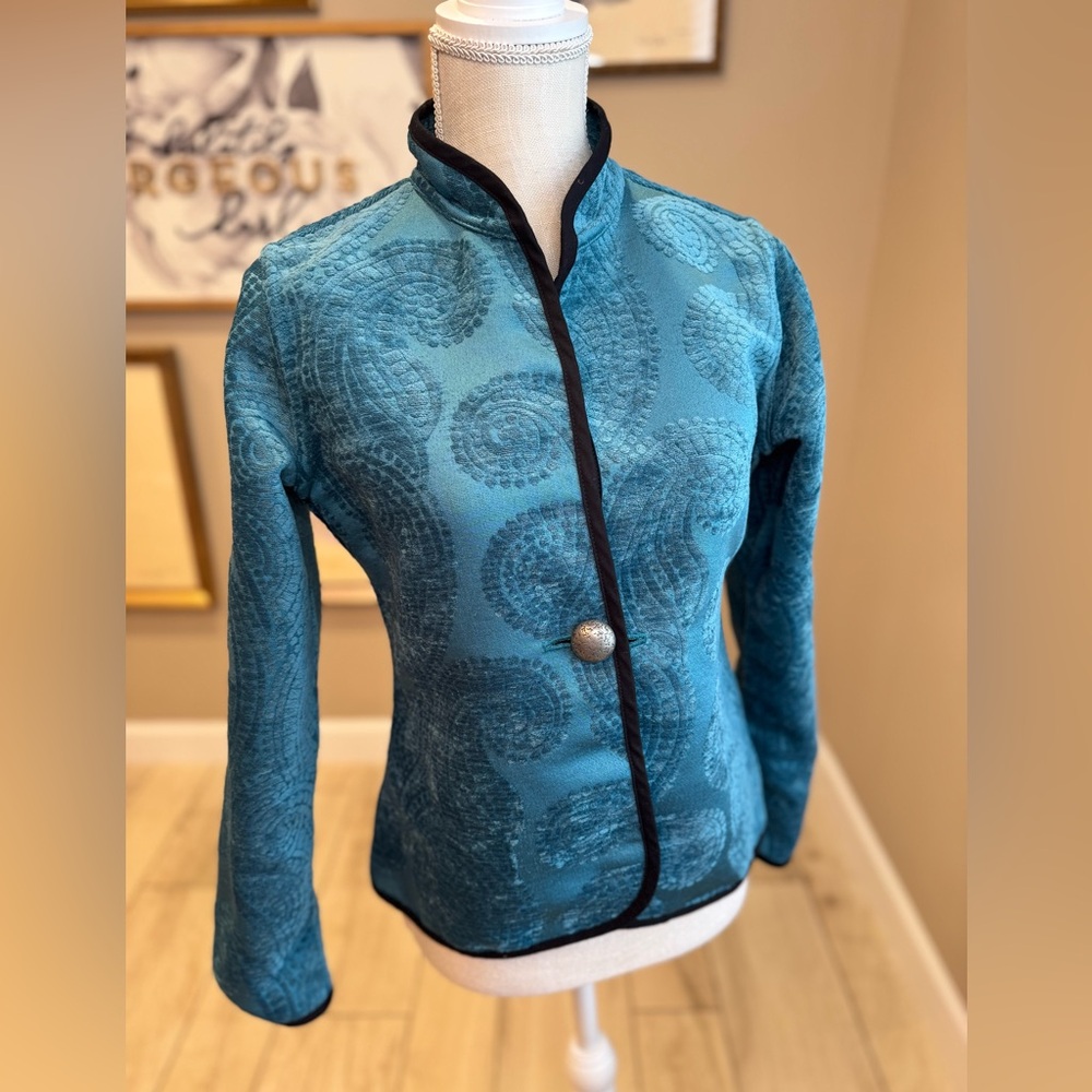 TRIMDIN Deep Teal Textured Reversible Jacket with Stand-Up Collar
